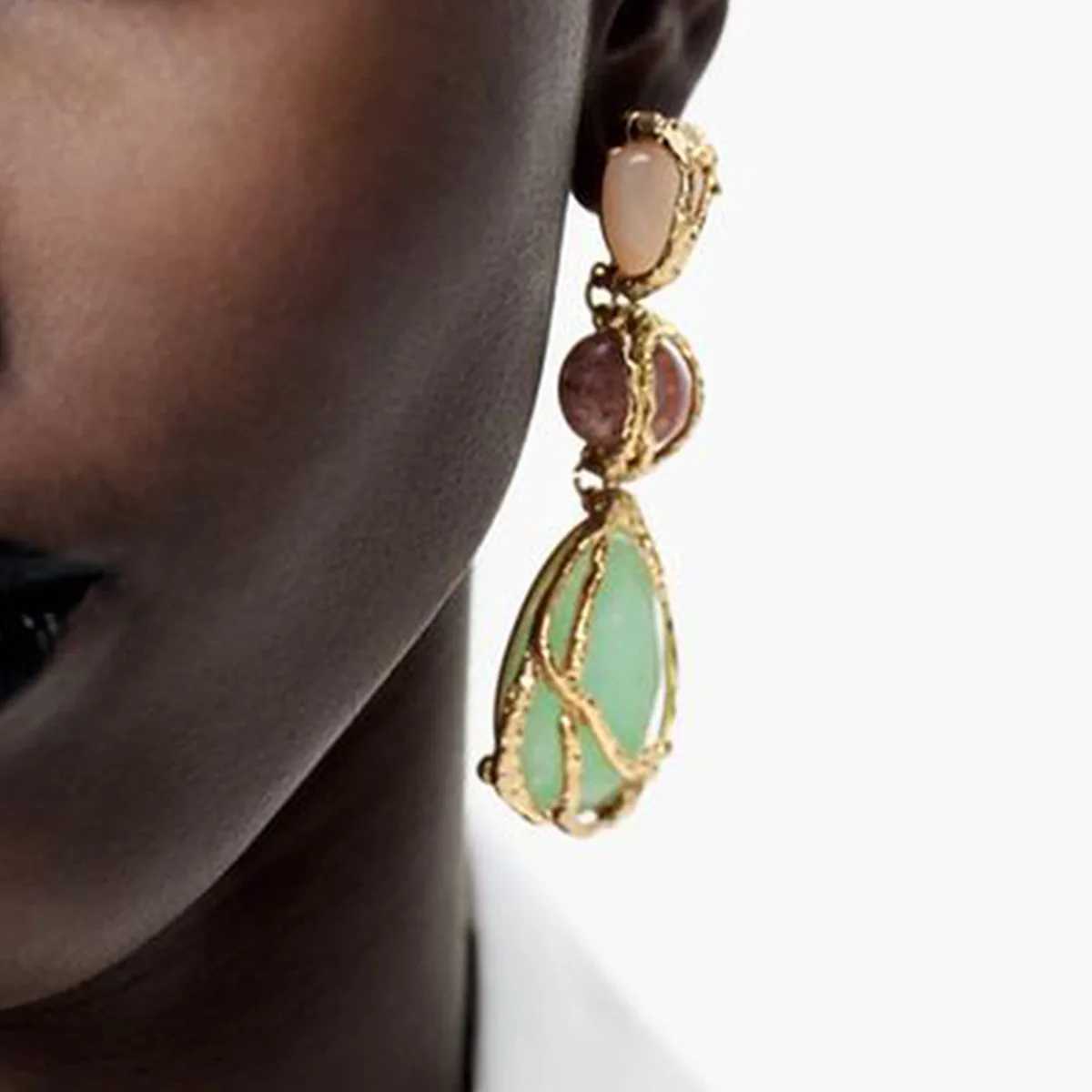 Boho Colored Irregular Resin Stone Pendant Earrings For Women Personalized Alloy Mesh Bag Waterdrop Dangle Earrings Jewelry Gift Y250510