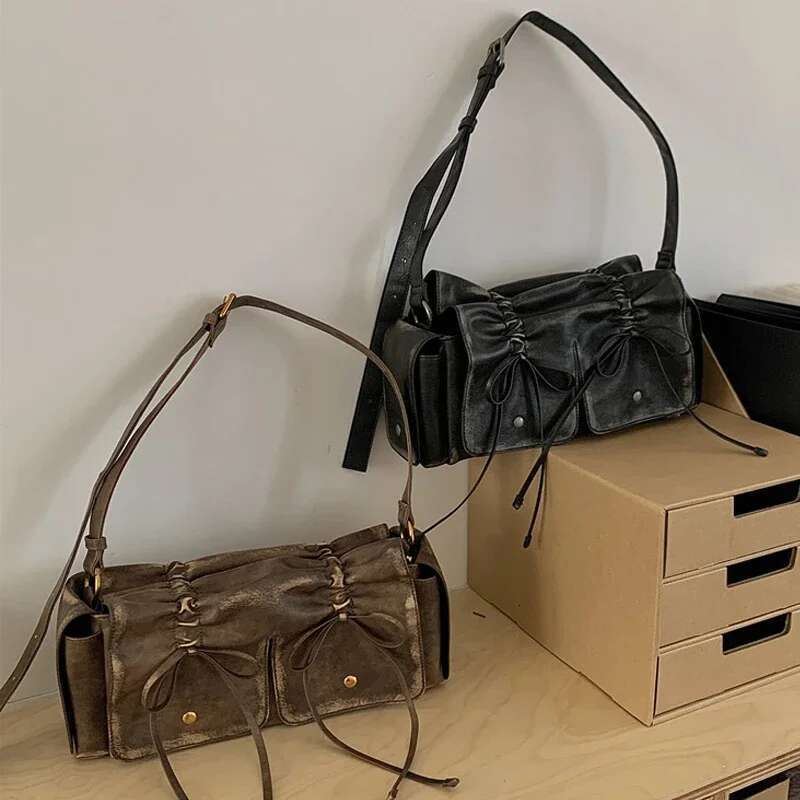 2024 New Designer Handbag Wallet Retro Wrinkle Shoulder Women's Motorcycle and Bicycle Pulling Rope Bow Bag
