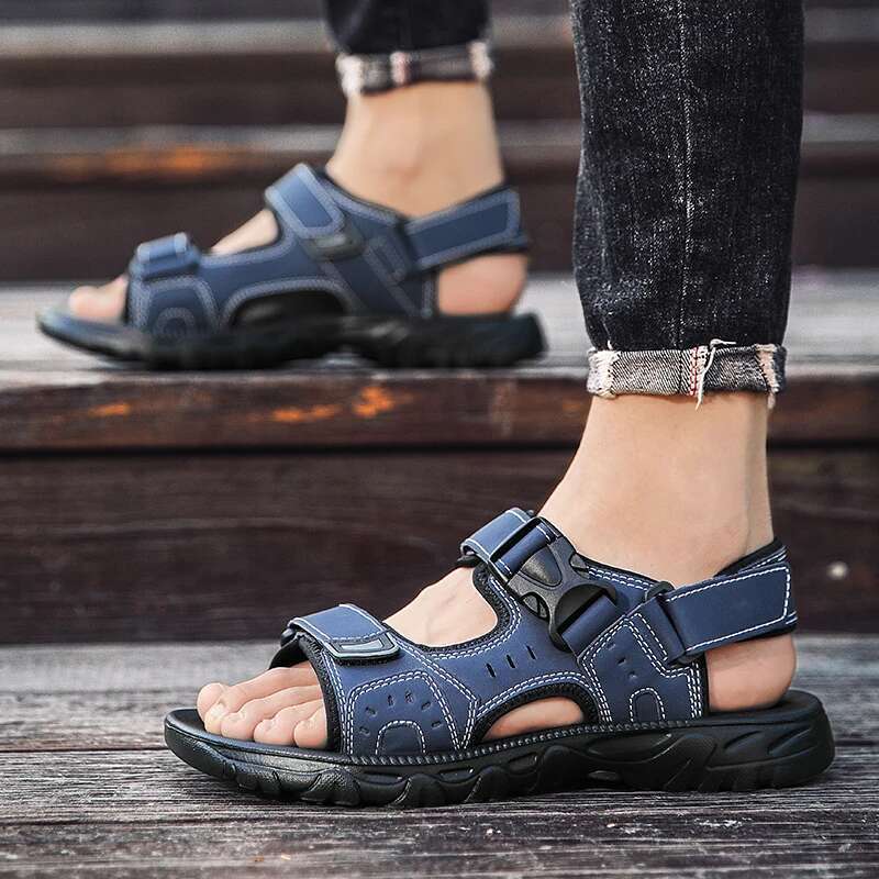 Summer PU Leather Lightweight Open Toe Flat Mens Casual Outdoor Walking Sandals for Men Beach Shoes Size 39-46