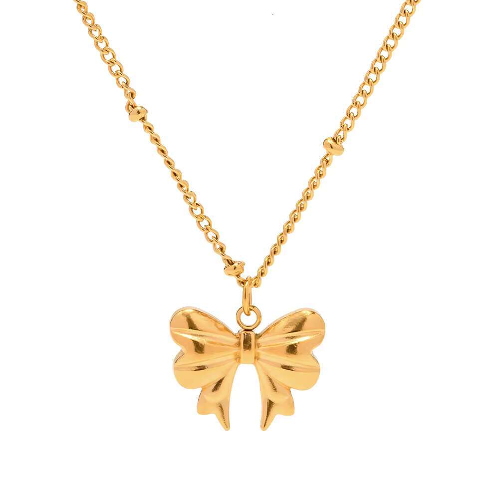 New Gold Plated Charm Stainless Steel Bow Pendant Girl's Necklace