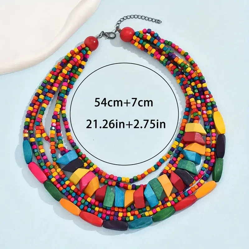 1pc Vintage Bohemian Style Colorful Wood Layered Necklaces Exaggerate Lively Fashion Elegant Casual Party Jewelry For Wome 250512