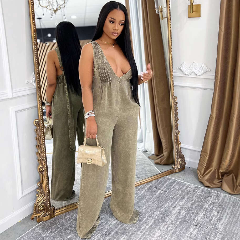 Fashionable plus-size women's clothing Women's denim women's new solid color backless sleeveless loose jumpsuit