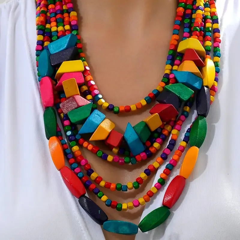 1pc Vintage Bohemian Style Colorful Wood Layered Necklaces Exaggerate Lively Fashion Elegant Casual Party Jewelry For Wome 250512