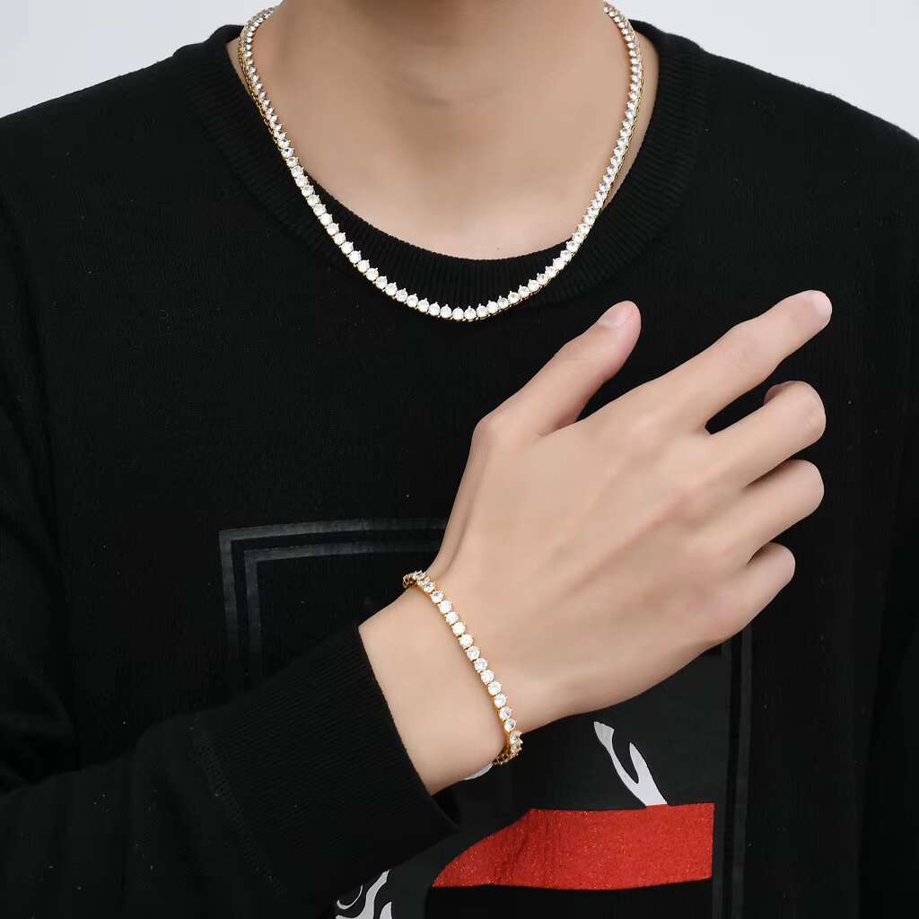 4mm Cubic Zirconia Tennis Chain Necklace 18k Gold Plated Mens Cuban Link Chain