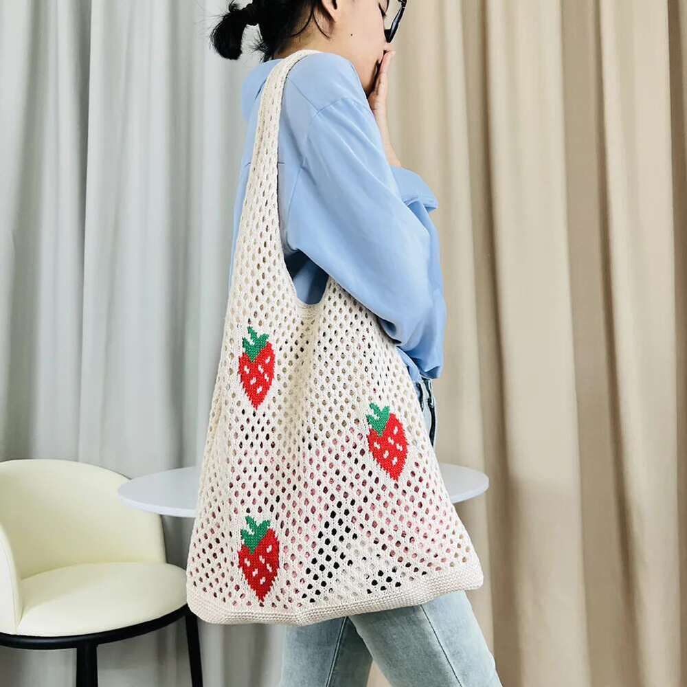 Cute Strawberry Cherry Crochet Shoulder For Women Large Shopper Casual Tote Handbags Summer Beach 2024 New Women's Bag