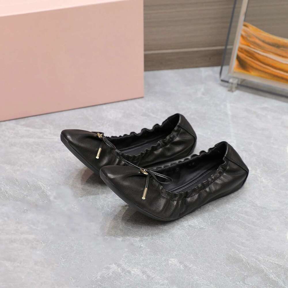 Women Genuine Leather Ballet Flats Denim Butterfly Knot Elastic Band Pleated Round Toe Designer Shoes Zapatillas De Mujer