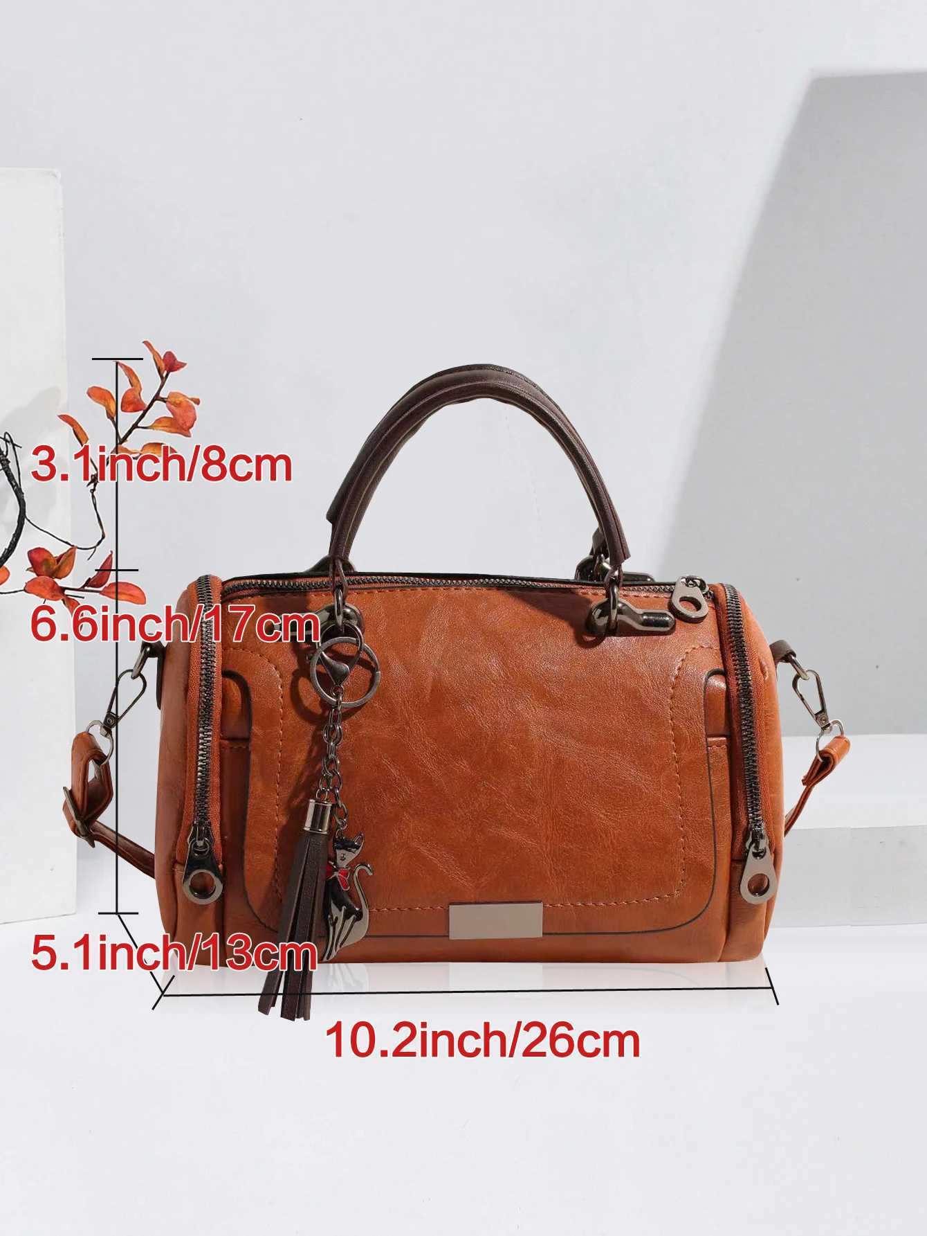 Tassel decorated womens large capacity handbag fashionable zipper crossbody bag with detachable shoulder strapW250512