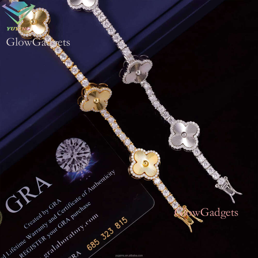 Lucky Four Leaf Hip Hop Jewelry 3mm S Sier Gold Plated Iced Out Moissanite Clover Tennis Bracelet