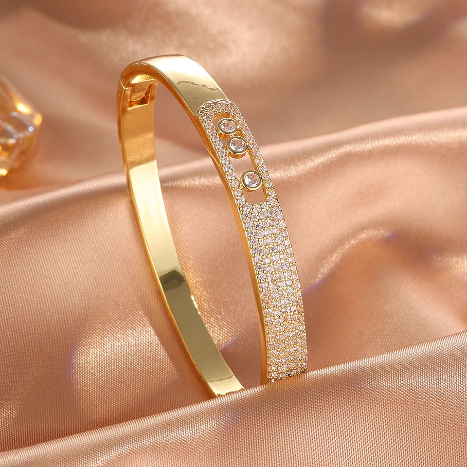 ZAKOL Niche n Micro Paved Cubic Zirconia Bangle Three Round Zircons Open Snap Bracelet Fashion Party Jewelry Gift 250512