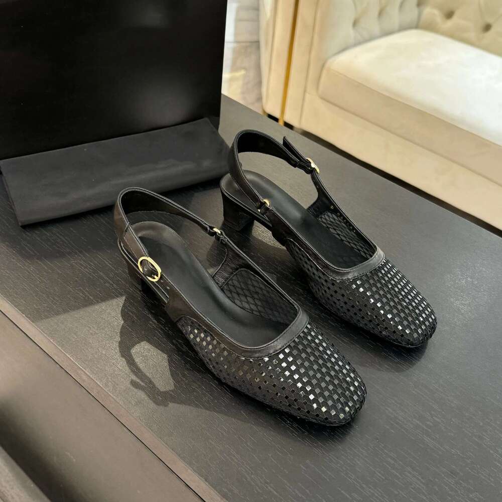 Women Size35-41 Genuine Leather Pumps Slingbacks High Heels Mesh Sandals Square Toes Designer Shoes Zapatillas De Mujer