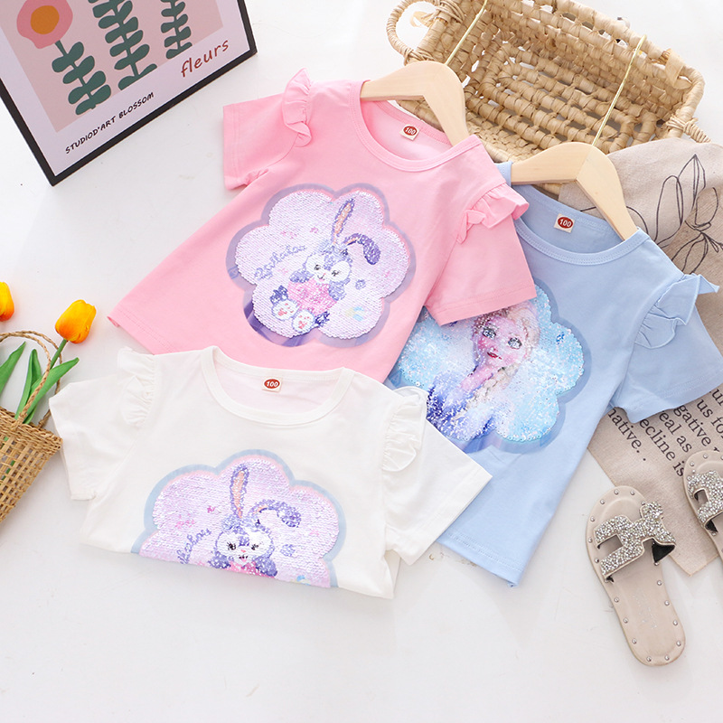 DISNEY Frozen Princess Elsa toddler designer clothes Children's summer clothes girl short-sleeved T-shirt girl color-changing sequin top.