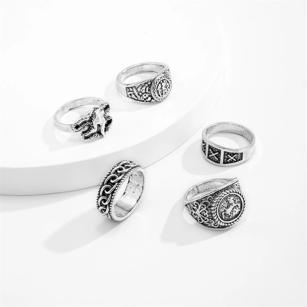 Retro Totem Mens Ring Set Hip Hop Geometric Jewelry Antique Silver Adjustable Stackable Rings for Men Fashion Accessories Gifts 250509