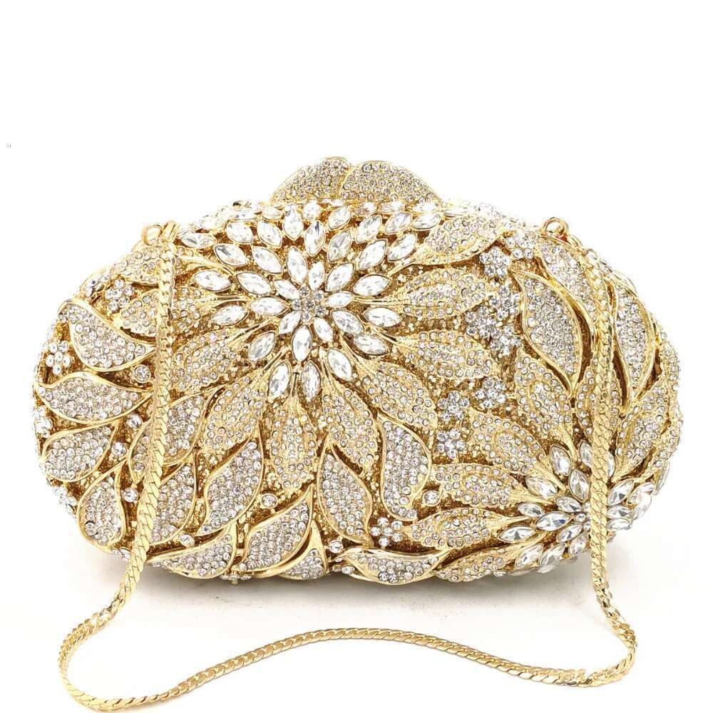 Gold Metal Leaves White Crystals Evening Clutch Bags Women Wedding Party Purse Ball Handbags Rhinestone Mini Heart Bag