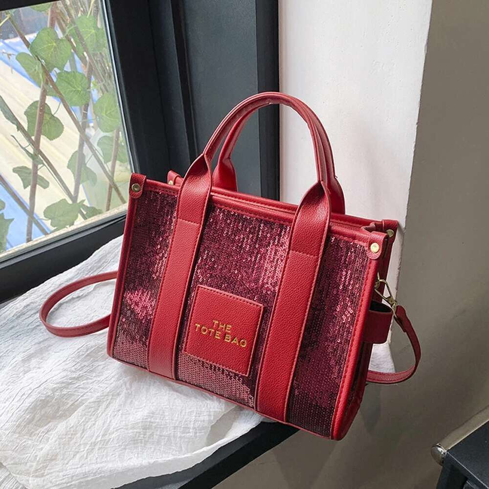 New The Tote Letter Printed Sequins Top-Handle Women Leather Handbag Designer Glitter Shoulder Crossbody Bag