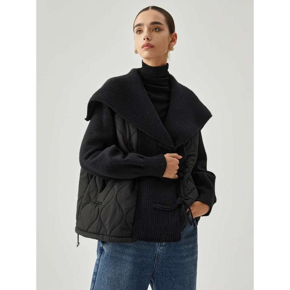 ZBZA Vintage Splicing Knit Padded Jacket Navy Collar Long-sleeved Single Breasted Pocket Quilting Overcoat Winter New Lady Coat
