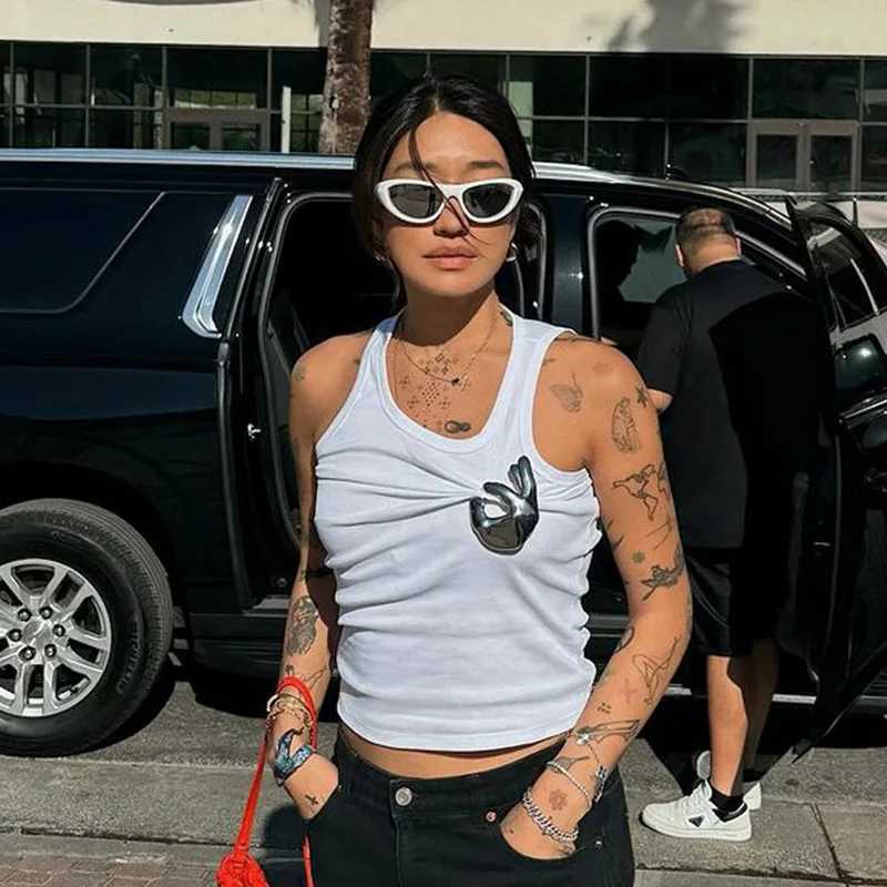Womens Personalized Fashion Personalized Shrink Tank Top Sexy Solid Color OK Pattern Tank Top M250513