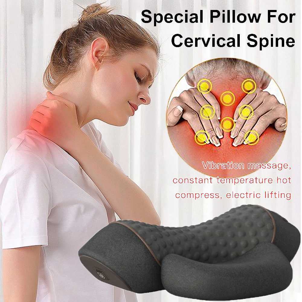 Electric Neck Massager Cervical Pillow Hot Compress Vibration Massage Neck Traction Relax Pillow Spine Support Massager PillowW250512