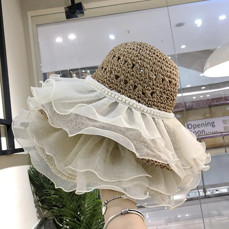 Womens Summer Straw Bucket Hat Foldable Fisherman Cap Large Brim UV Protection for Beach Kawaii Fashion 250512