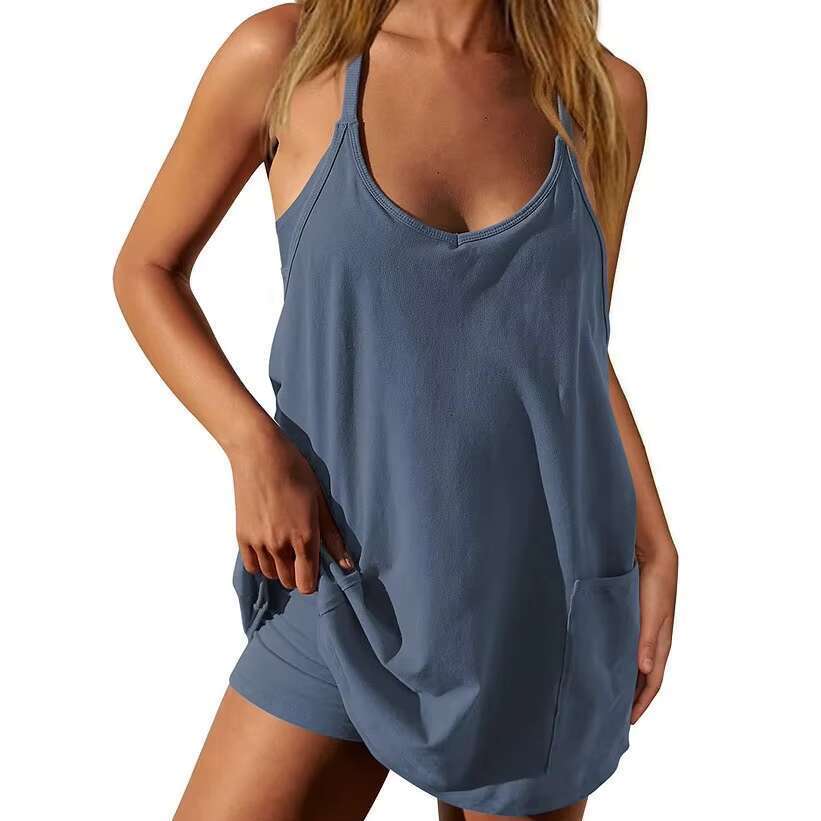 DHEssentials Summer women's sleeveless hot oversized one-piece pocket split/built-in shorts mini dress