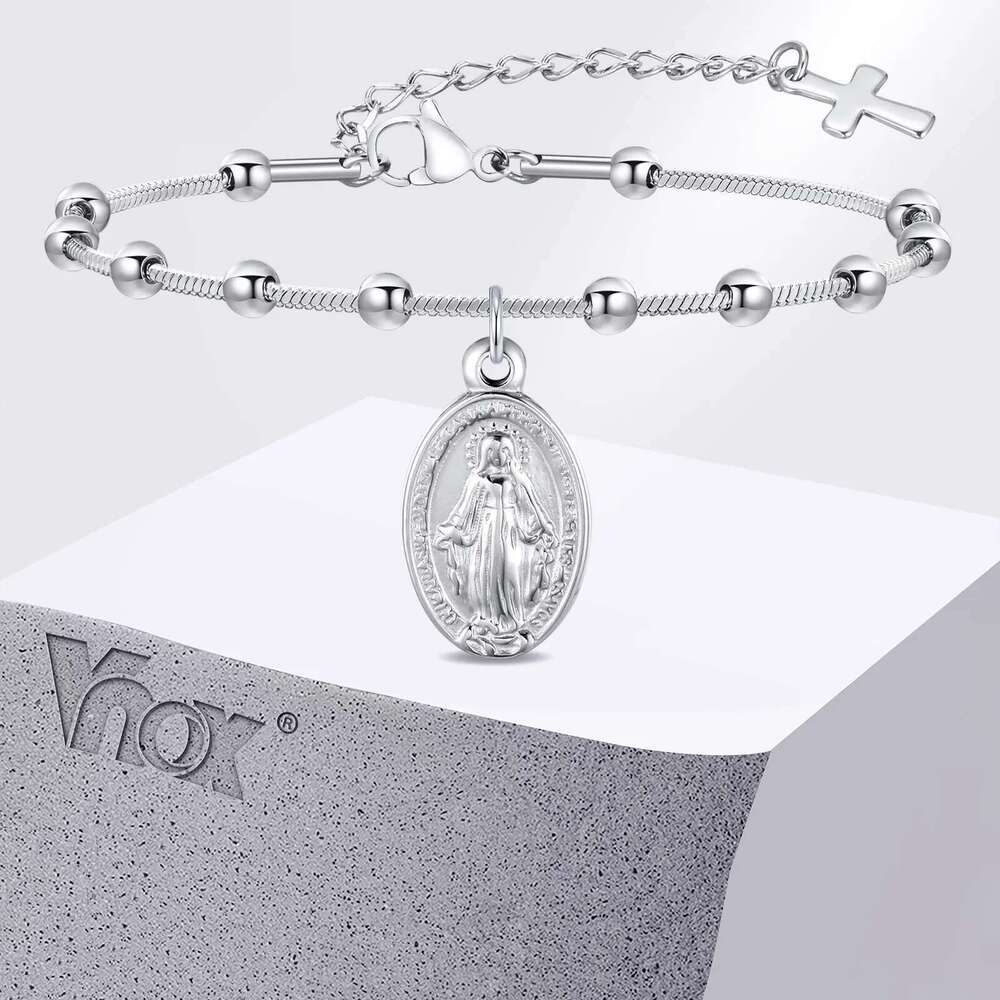 Vnox Rosary Bracelet For Women Girls, Gold Plated Stainless Steel Religious Cross And Virgin Mary Prayer Bracelets Gifts