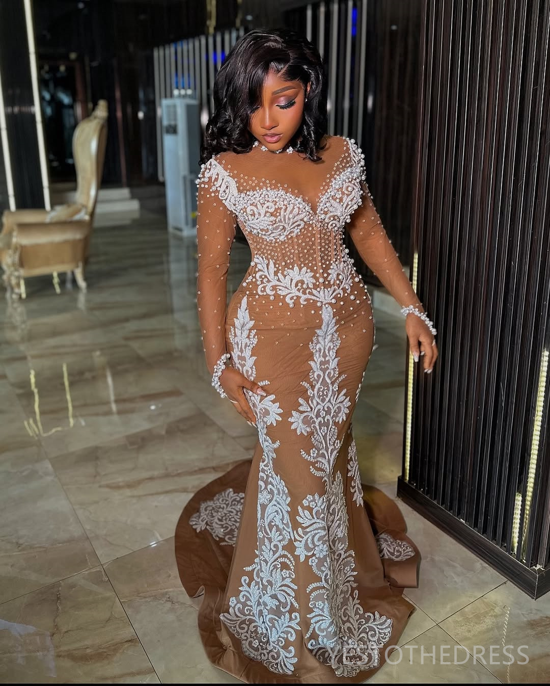 2025 Plus Size Brown Aso Ebi Prom Dress Mermaid Prom Dresses Evening Formal Gowns Sheer Neck Long Sleeves Pearls Lace Birthday Dress Second Reception 