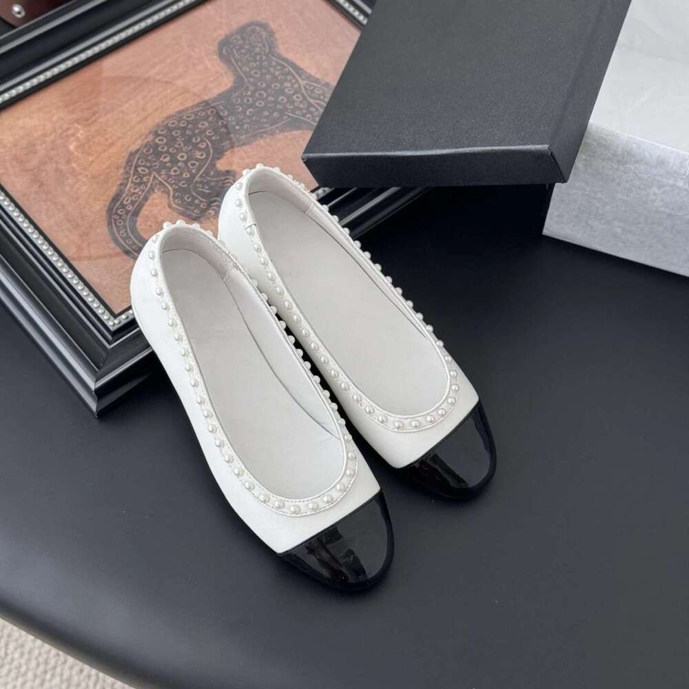 Women Size35-41 Genuine Leather Ballet Flats Pearls Natural Cow Suede Round Toe Slip On Designer Shoes Zapatillas De Mujer