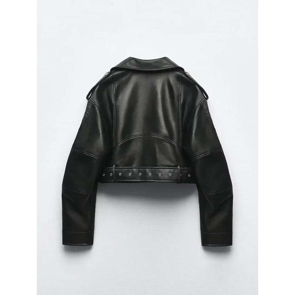 TRAF Women Oversized Vintage Loose Pu Faux Leather Short Jacket With Belt Streetwear Female Zipper Retro Moto Biker Coat Outwear