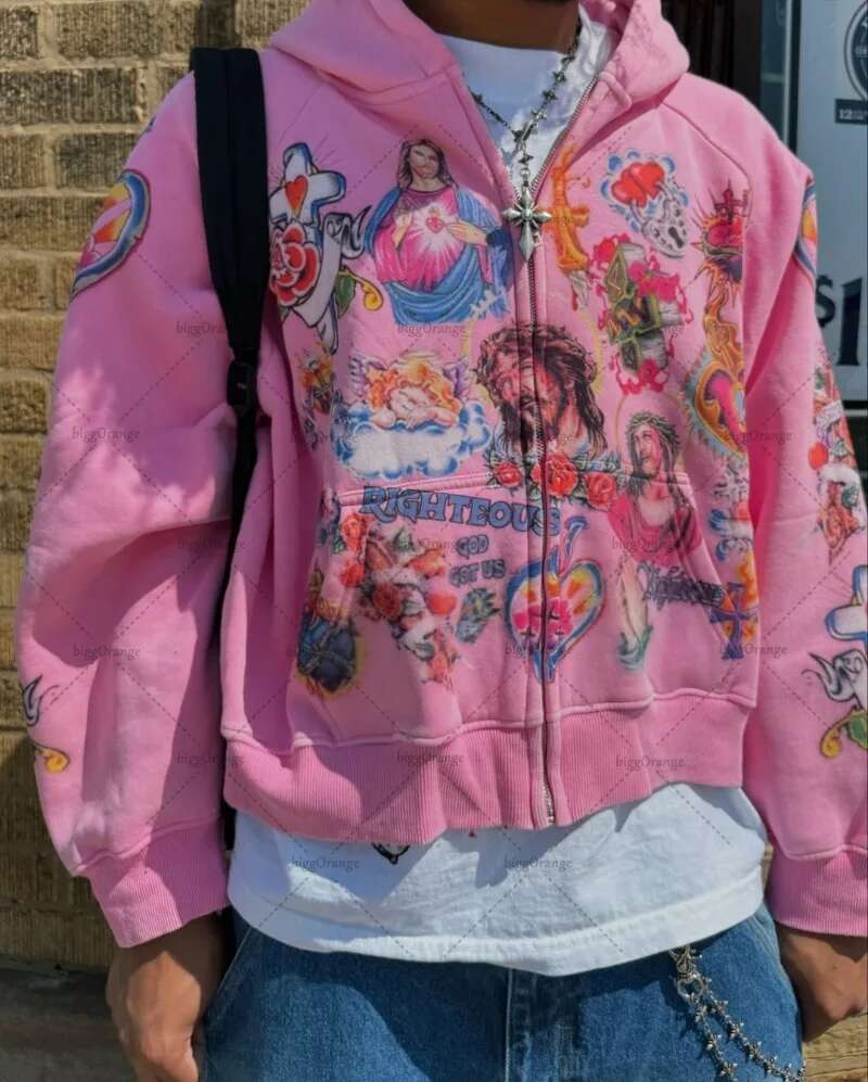 Y2k Haruku Retro Oversized Zipper Street American Style Cross Print Hoodie Trendy Casual All-Match Sweatshirt Jacket Designer