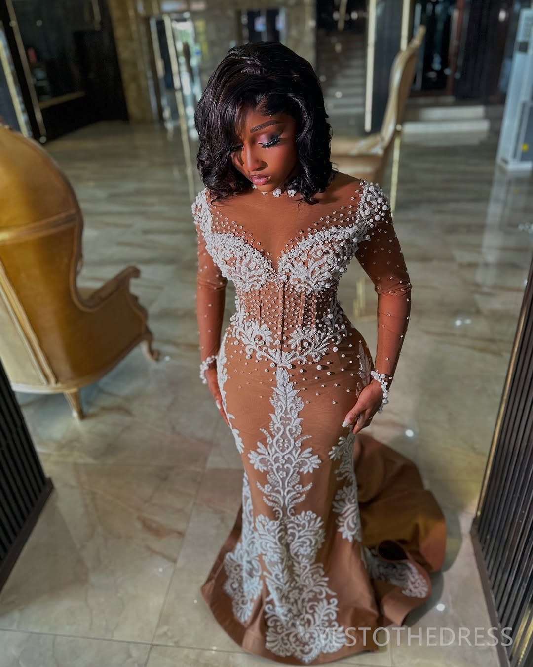 2025 Plus Size Brown Aso Ebi Prom Dress Mermaid Prom Dresses Evening Formal Gowns Sheer Neck Long Sleeves Pearls Lace Birthday Dress Second Reception 