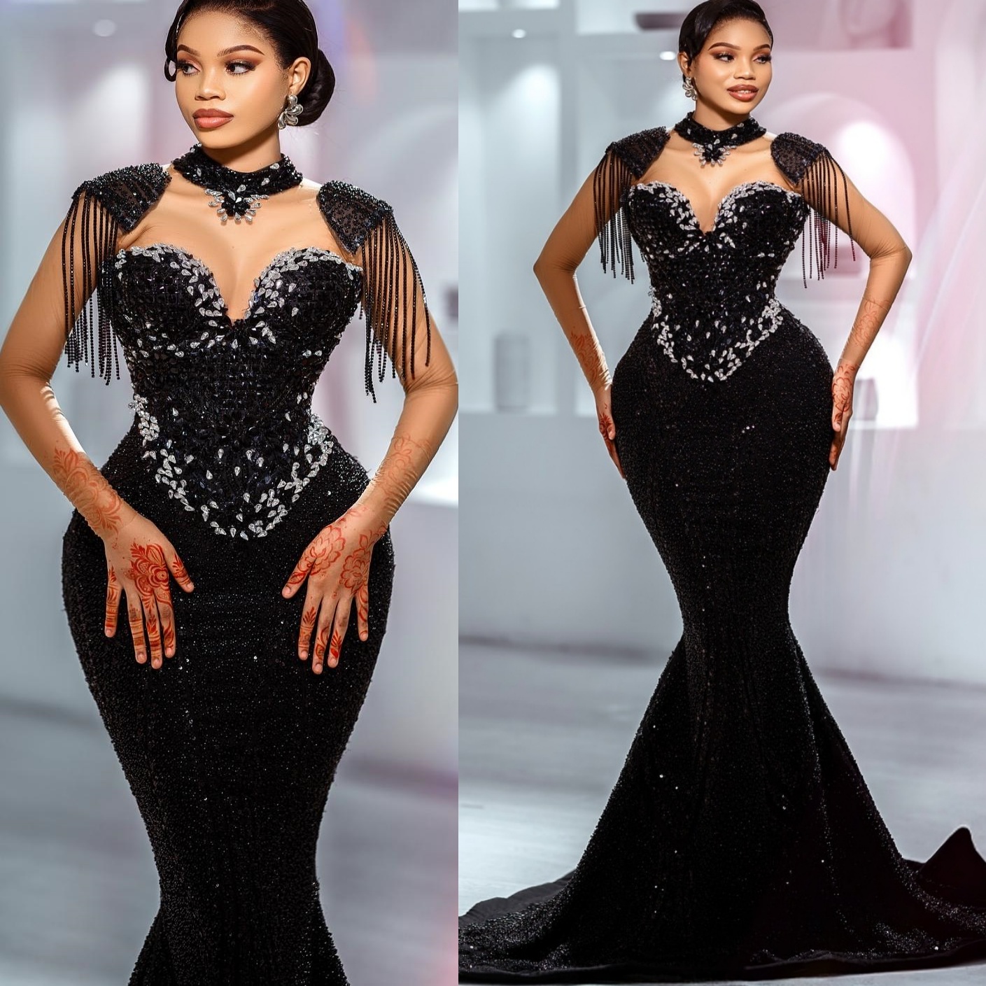 Black Mermaid Plus Size Prom Dresses 2025 Crystals Sequined Tassels Sparkly Evening Formal Party Second Birthday Engagement Gowns Dress For Special Oc