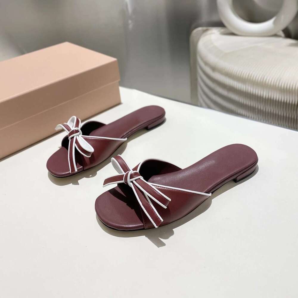 New Women Genuine Leather Slippers Butterfly Knot Low Heels Summer Slides Solid Colors Designer Shoes Zapatillas De Mujer
