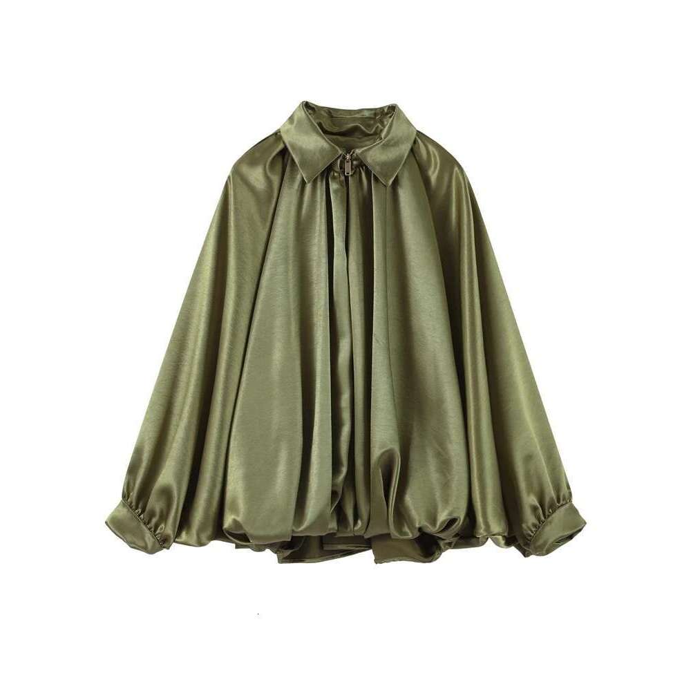 Elegant Green Suede Jacket Women Long Puff Sleeve Lapel Zipper Loose Jackets 2025 Spring Autumn Street Pleated Short Outwear