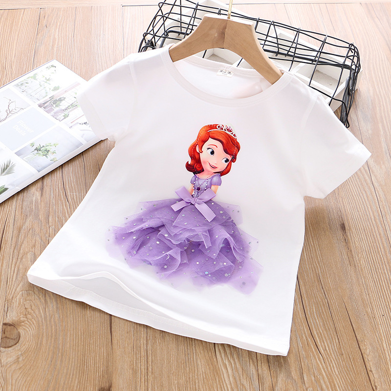 DISNEY Frozen Princess Elsa kids designer clothes Girl short-sleeved T-shirt summer three-dimensional princess for small children half-sleeve comforta