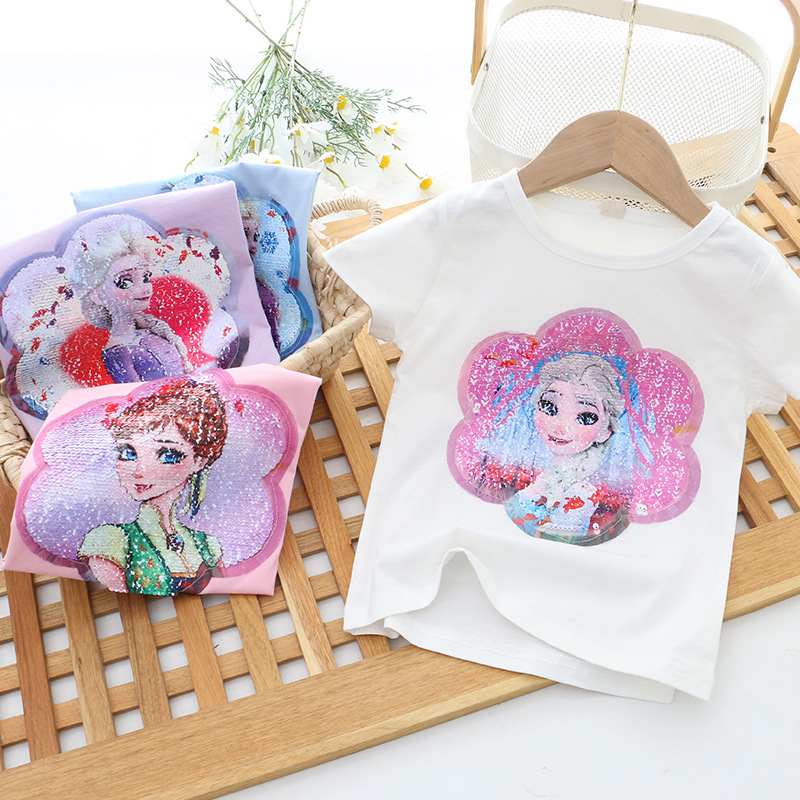 DISNEY Frozen Princess Elsa Kids designer clothes Little girl summer outfit short-sleeved reversible color-changing sequin T-shirt princess top.