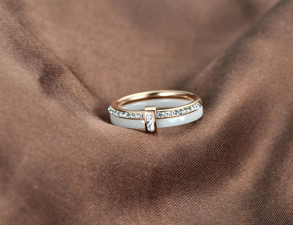 2 Layers Black/White Ceramic Crystal Wedding Rings Jewelry Rose Gold Plated Stainless Steel Rhinestone Engagement 250509