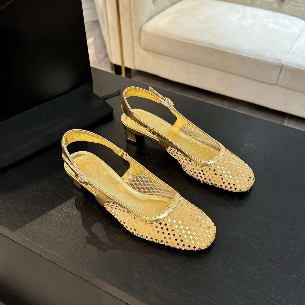 Women Size35-41 Genuine Leather Pumps Slingbacks High Heels Mesh Sandals Square Toes Designer Shoes Zapatillas De Mujer