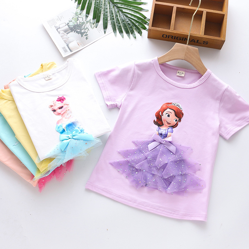 DISNEY Frozen Princess Elsa kids designer clothes Girl short-sleeved T-shirt summer three-dimensional princess for small children half-sleeve comforta