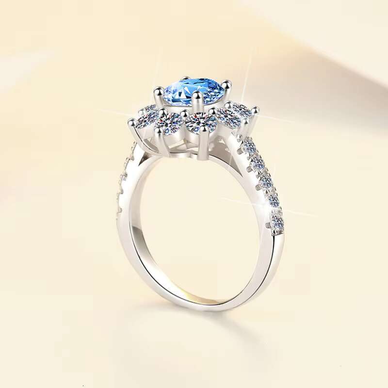Fine Jewelry Wedding Engagement Ring Flower Shape Blue Diamond VVS1 Moissanite S925 Sterling Silver Ring for Woman Ladies