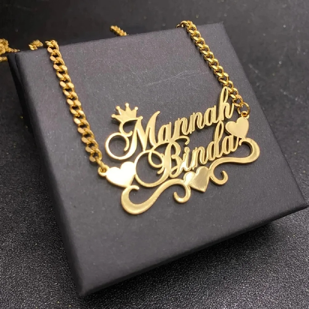 Custom Name Necklace With Heart And Crown Personalized Stainless Steel Gold Nameplate Cuban Chain Necklace Women Gift 250512