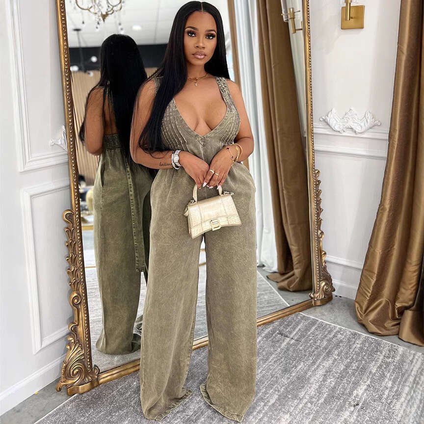 Fashionable plus-size women's clothing Women's denim women's new solid color backless sleeveless loose jumpsuit