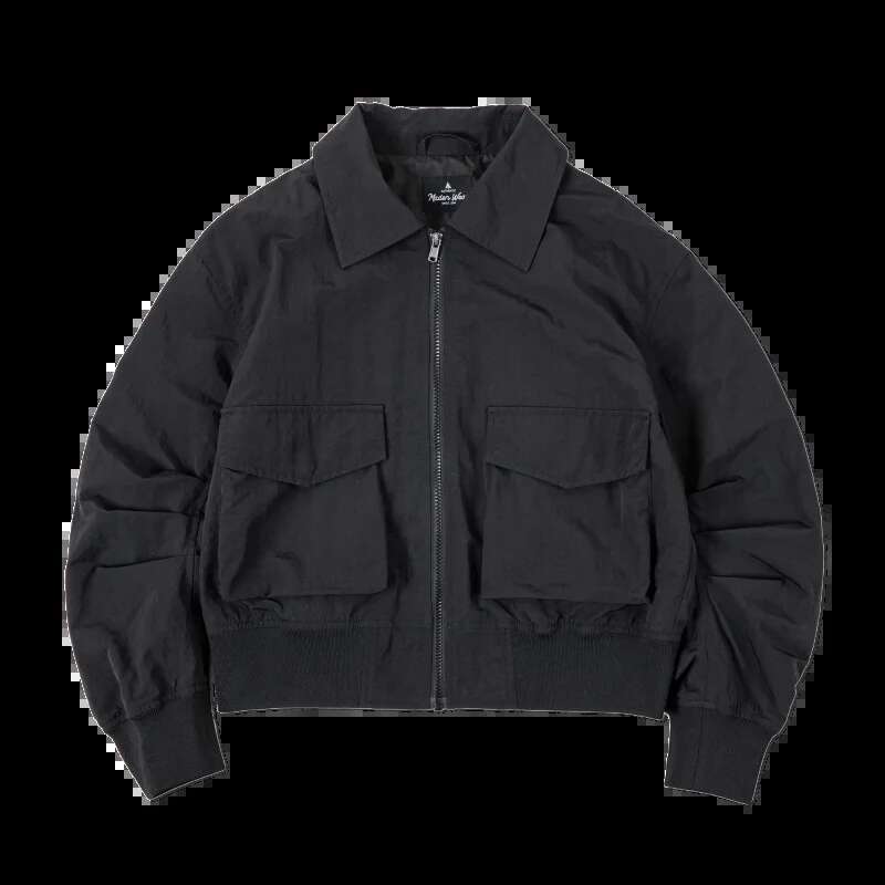 Maden Bomber for Women Black Casual Crease Short Coat Turn-down Collar Jackets Retro Autumn Tops Motorcycle Jacket