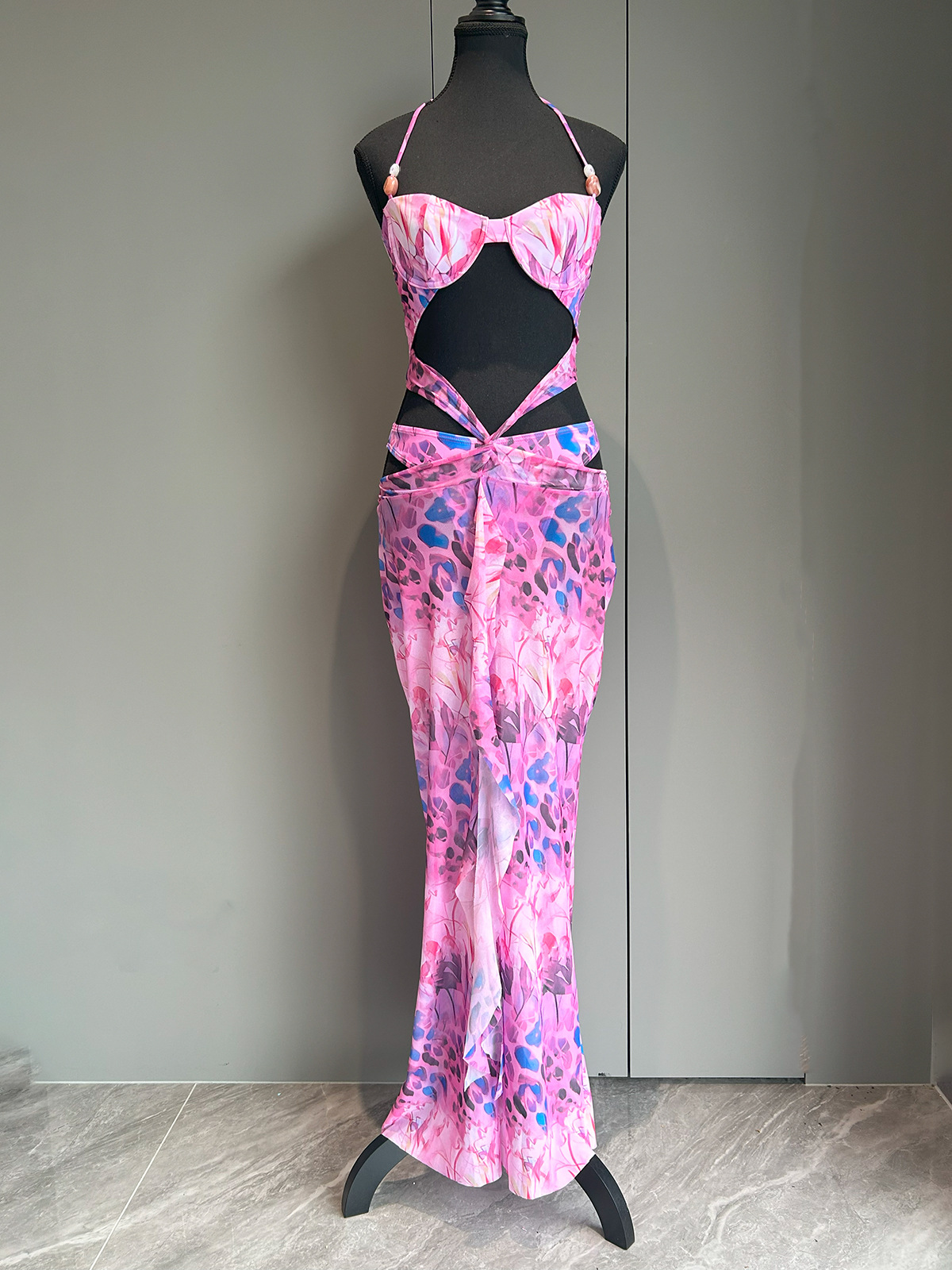 Casual Dresses Vintage Green Printed Bikini Ruffles Hem Midi Dress Sexy Cut Out Halter Side Slit For Women Summer Beach Playwear 2025