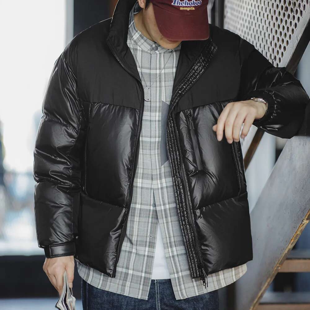 Maden Black Spliced Jacket With 90% White Duck Down Stand-Up Collar Thickened And Cold-Proof For Men's Winter Warm Coat Designer