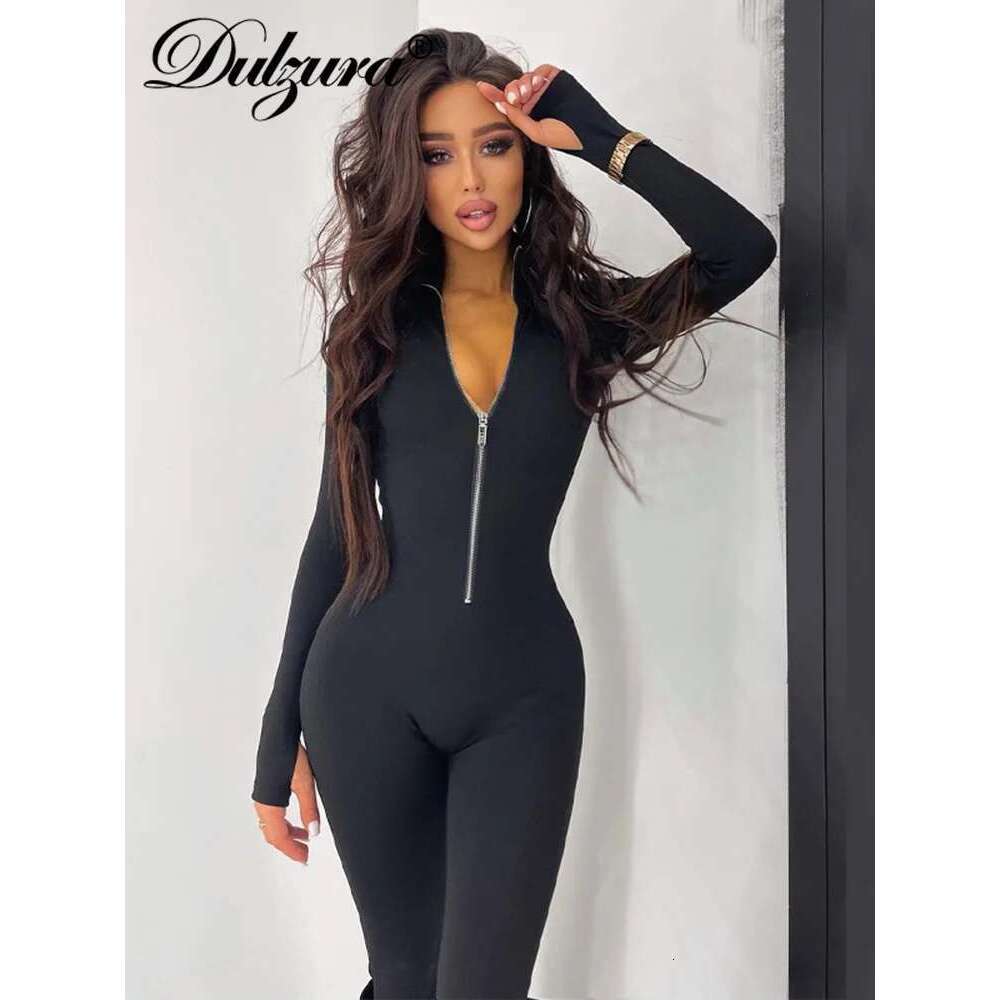 Dulzura Autumn Winter Women Solid Long Sleeve Zipper Jumpsuit Skinny Sexy Streetwear Casual Rompers Sportswear