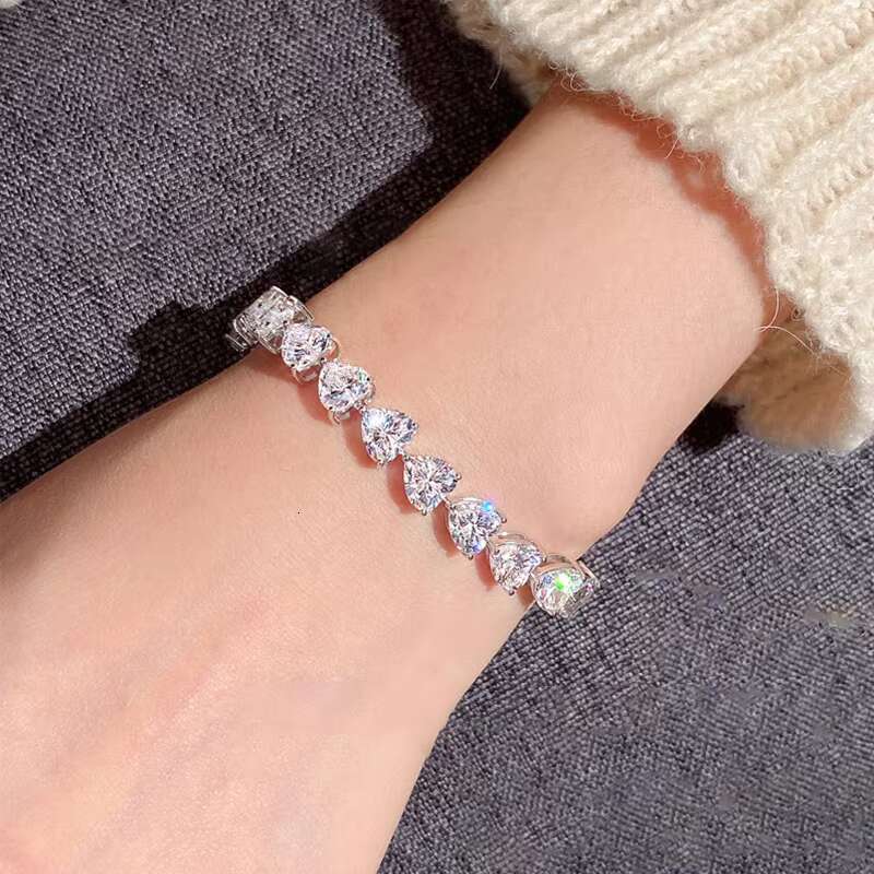 Classic Heart Moissanite Link Chain Bangle D VVS White Moissanite Tennis Bracelet 925 Sterling Silver