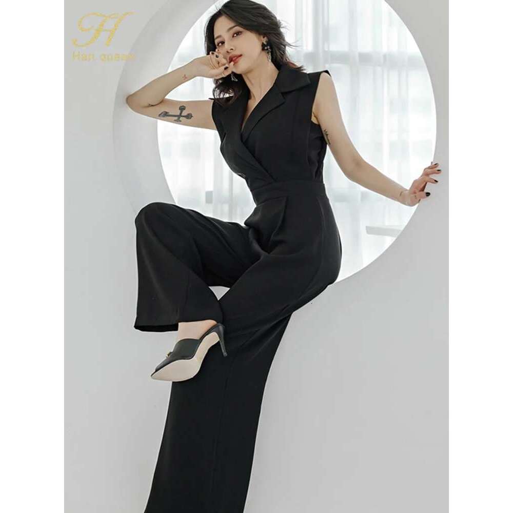 H Han Queen New Korean Sleeveless Elegant Summerr Business Jumpsuits Women Wide Leg Long Playsuits Casual Office Rompers