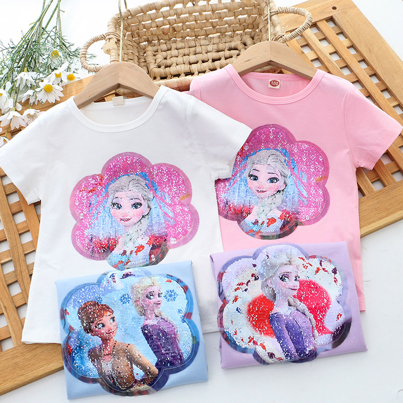 DISNEY Frozen Elsa princess Little girl princess design printed T-shirt comfortable and soft Cotton T-shirt with princess print design comfortable des