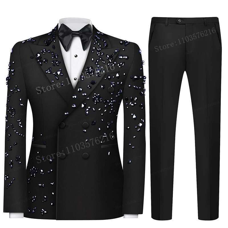 B02 2 Pieces Men's Jewel Decoraction Notched Lapel Blazer Formal Party Prom Suits for Wedding Groom