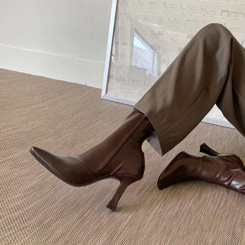 2023Women High Leather New Female Pointed Thin Heel Ladies Ankle Short Boots Botas De Mujer