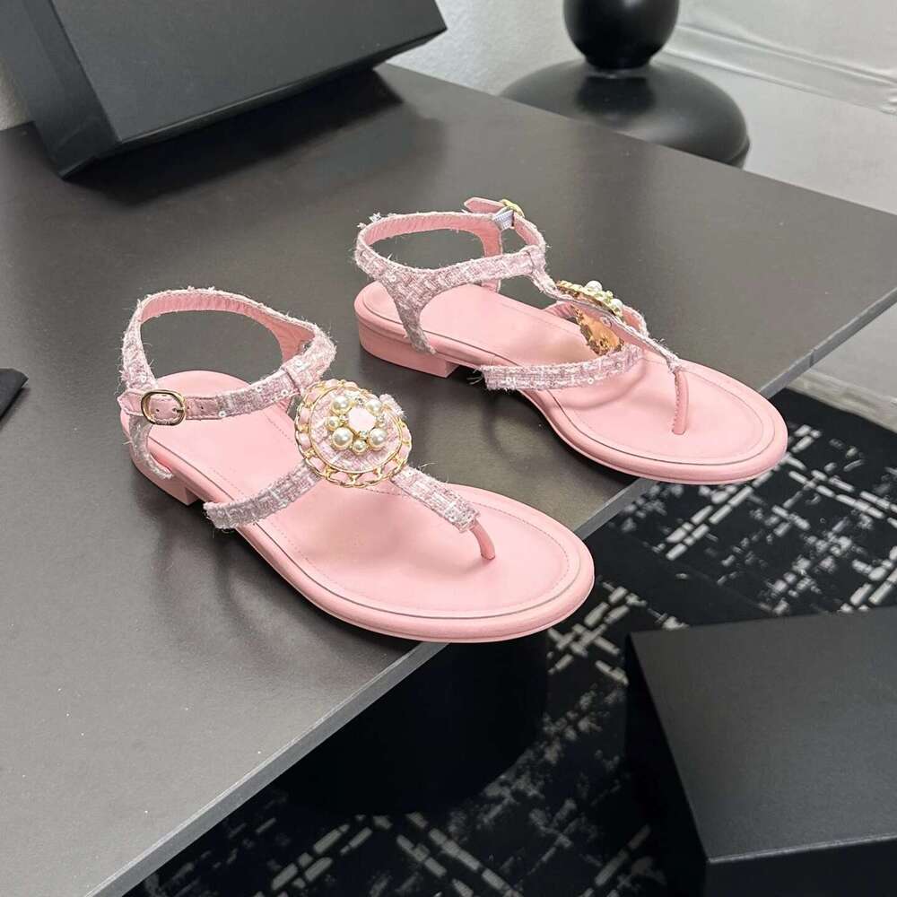 Women Size35-41 Genuine Leather Thong Sandals Low Heels Chain Pearl Summer Buckle Strap Designer Shoes Zapatillas De Mujer